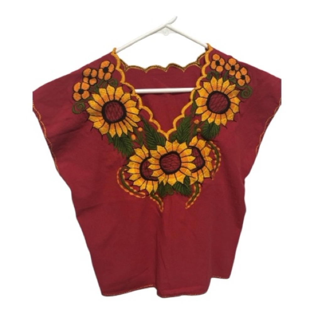 Mexican Hand-Embroidered Red Women's Floral Tunic Top size Large